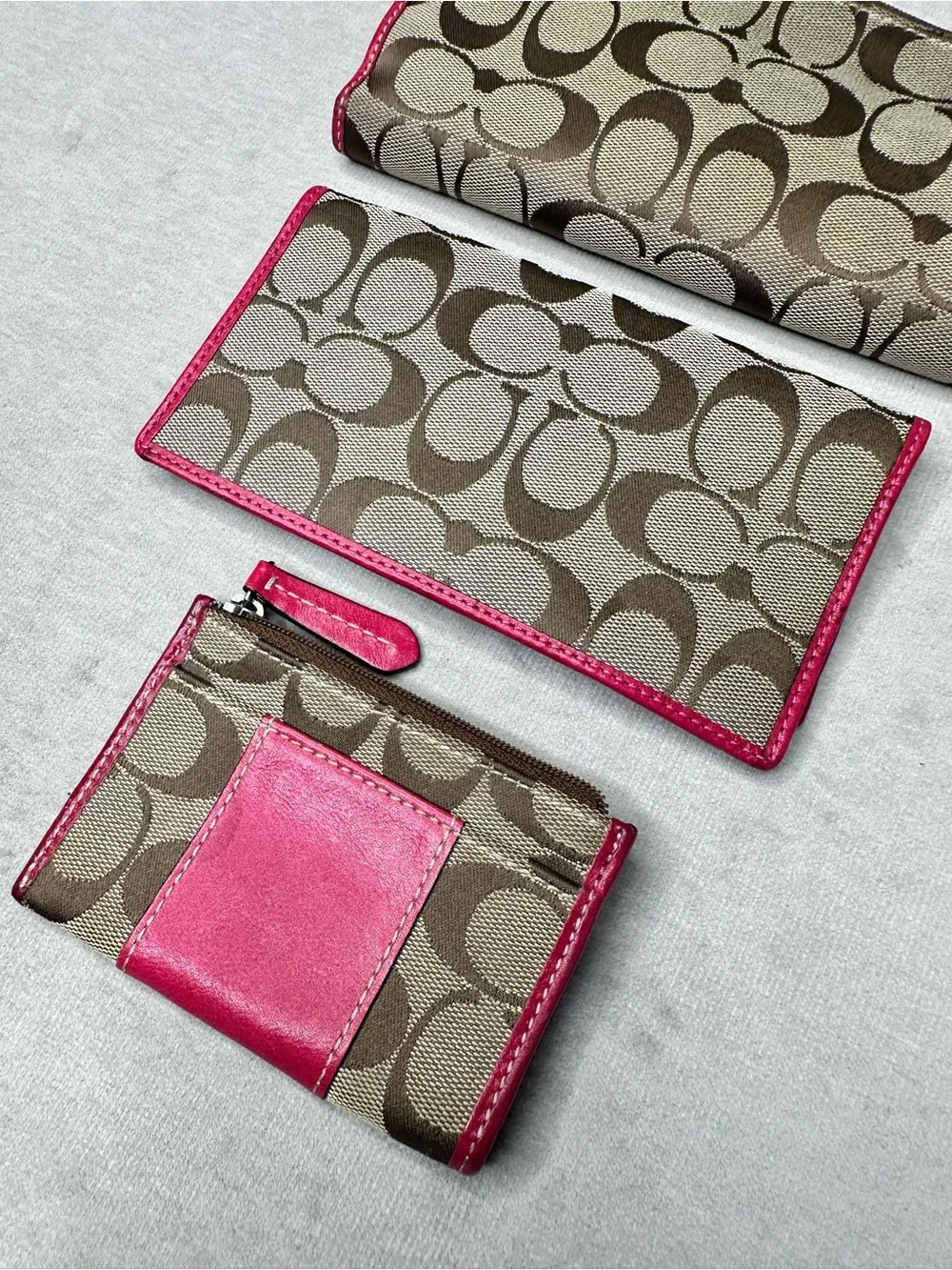 Coach Brown Signature Canvas Wallet & Card Set with Pink Trim